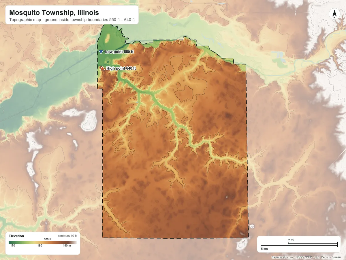Topographic elevation map of Mosquito Township, Illinois, shaded from 550 ft on the northwest side to 640 ft on the northwest side
