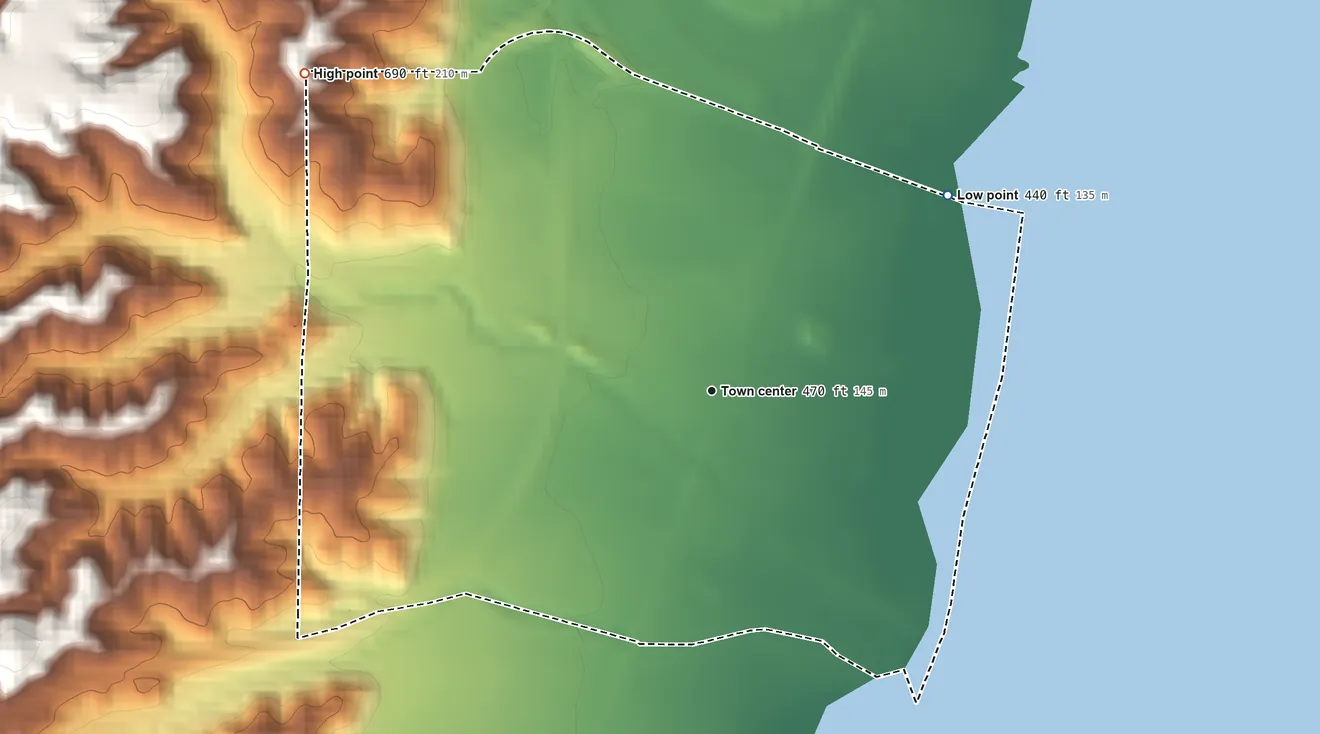 Topographic elevation map of Mossville, Illinois, shaded from 440 ft on the northeast side to 690 ft on the northwest side