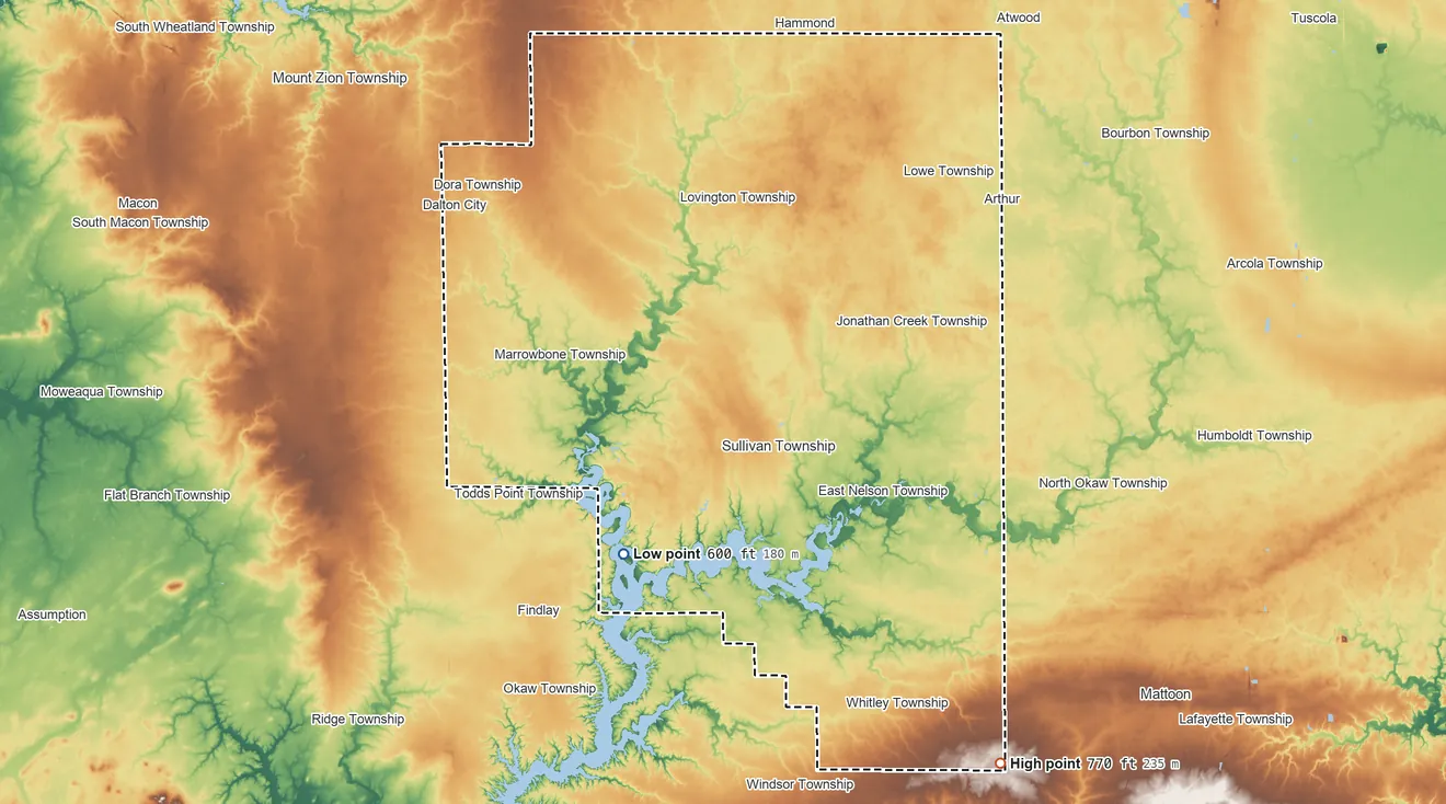 Topographic elevation map of Moultrie County, Illinois, shaded from 600 ft on the southwest side to 770 ft on the southeast side
