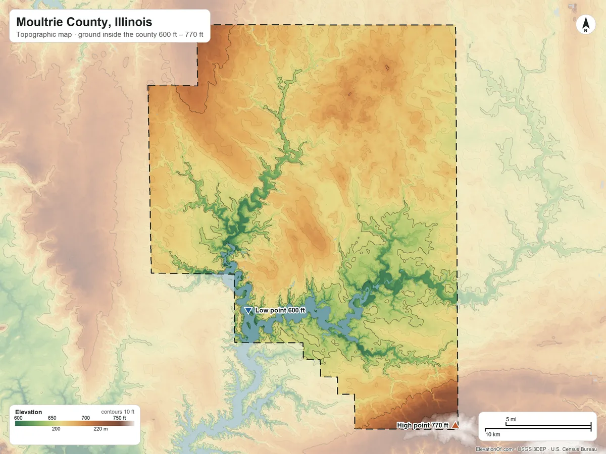 Topographic elevation map of Moultrie County, Illinois, shaded from 600 ft on the southwest side to 770 ft on the southeast side
