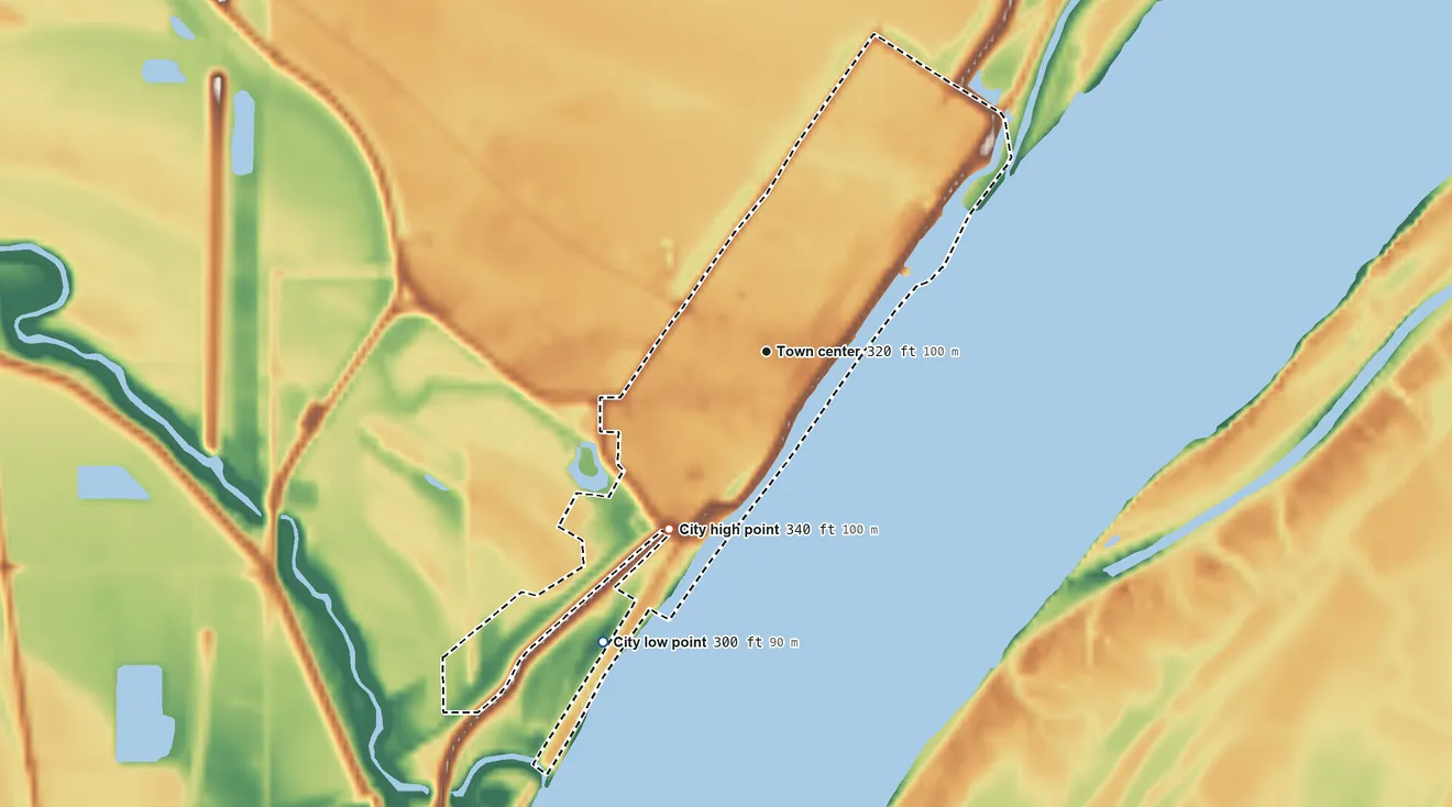 Topographic elevation map of Mound City, Illinois, shaded from 300 ft on the southwest side to 340 ft on the southwest side