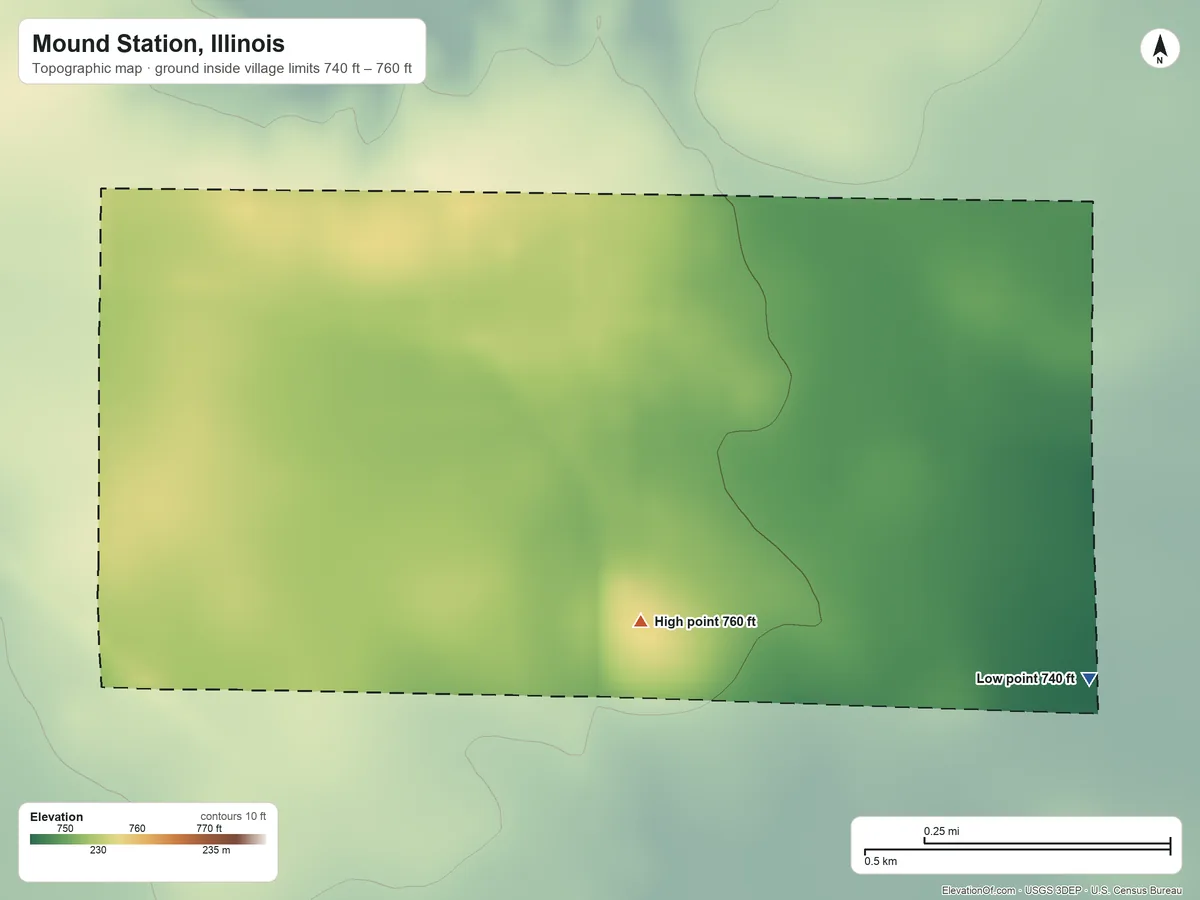 Topographic elevation map of Mound Station, Illinois, shaded from 740 ft on the southeast side to 760 ft on the south side