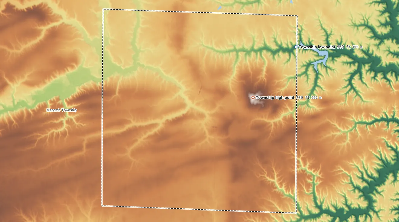 Topographic elevation map of Mound Township, McDonough County, Illinois, shaded from 560 ft on the northeast side to 730 ft on Dyers Mound