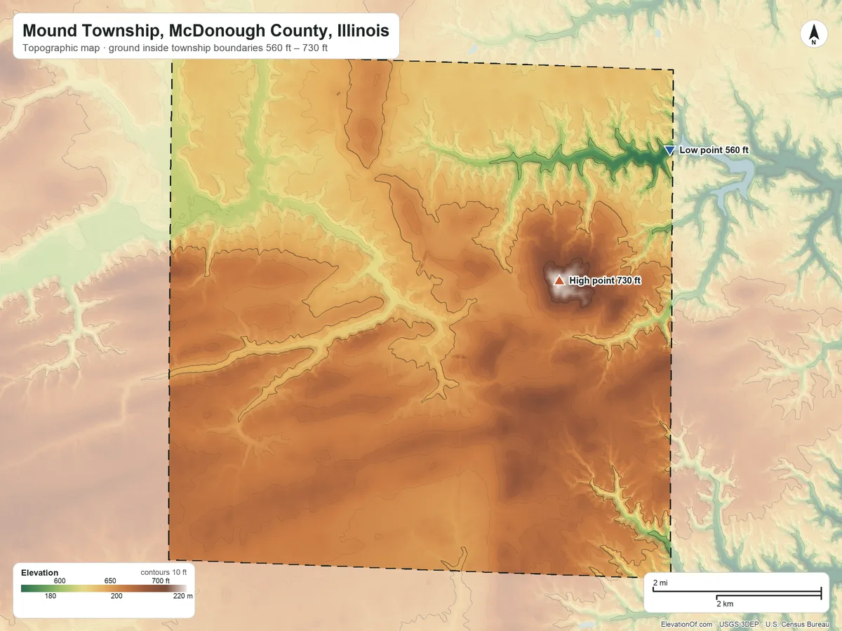 Topographic elevation map of Mound Township, McDonough County, Illinois, shaded from 560 ft on the northeast side to 730 ft on Dyers Mound