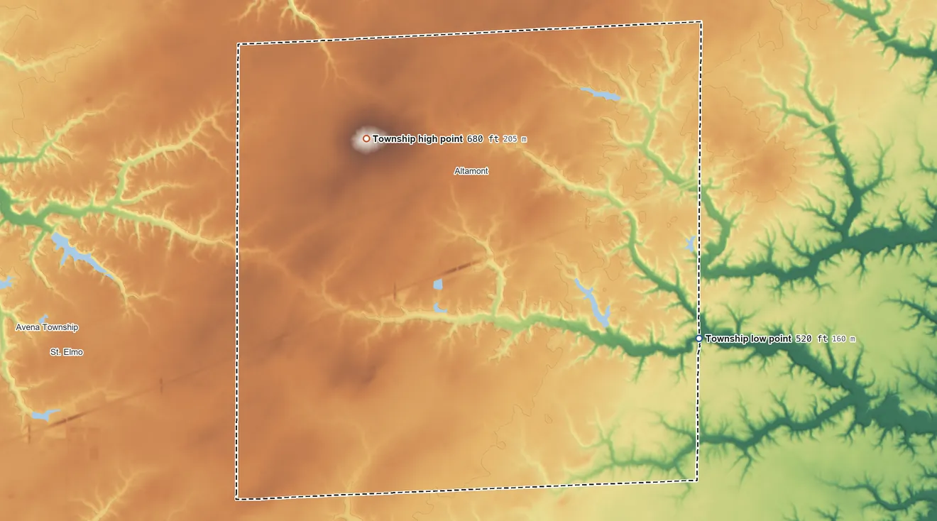Topographic elevation map of Mound Township, Illinois, shaded from 520 ft on the southeast side to 680 ft on the northwest side