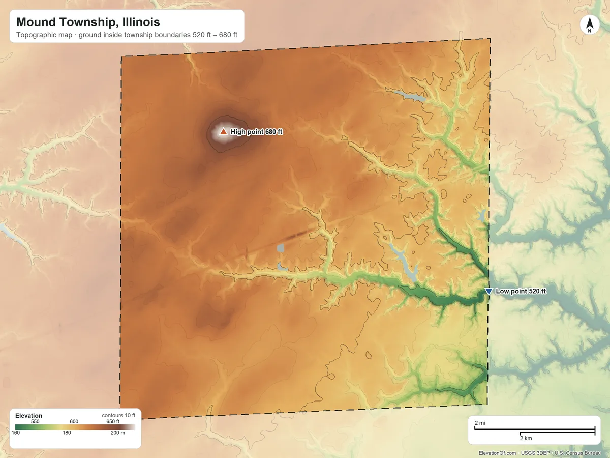 Topographic elevation map of Mound Township, Illinois, shaded from 520 ft on the southeast side to 680 ft on the northwest side