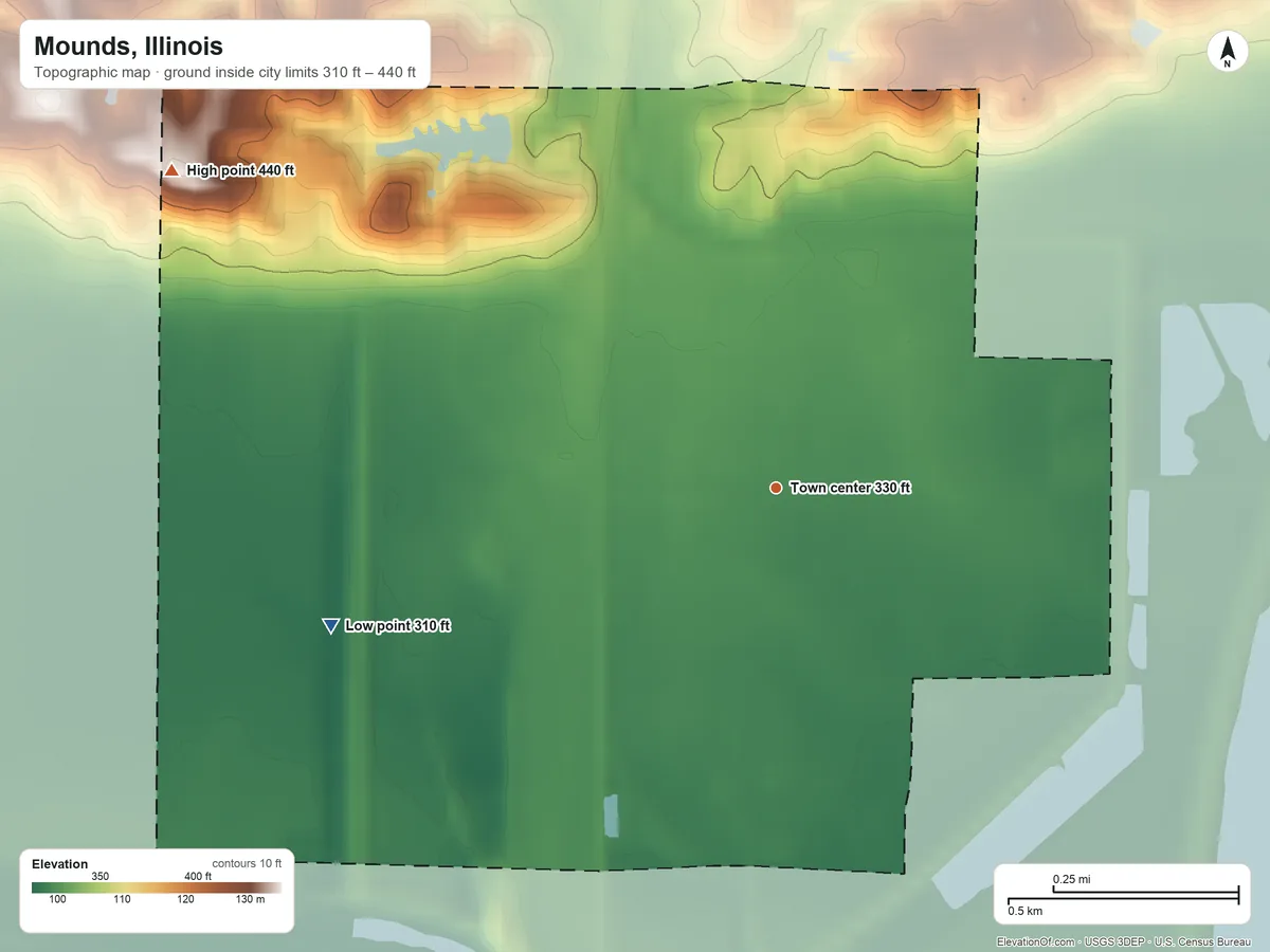 Topographic elevation map of Mounds, Illinois, shaded from 310 ft on the west side to 440 ft on the northwest side