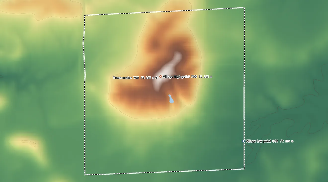 Topographic elevation map of Mount Auburn, Illinois, shaded from 600 ft on the southeast side to 700 ft near the middle