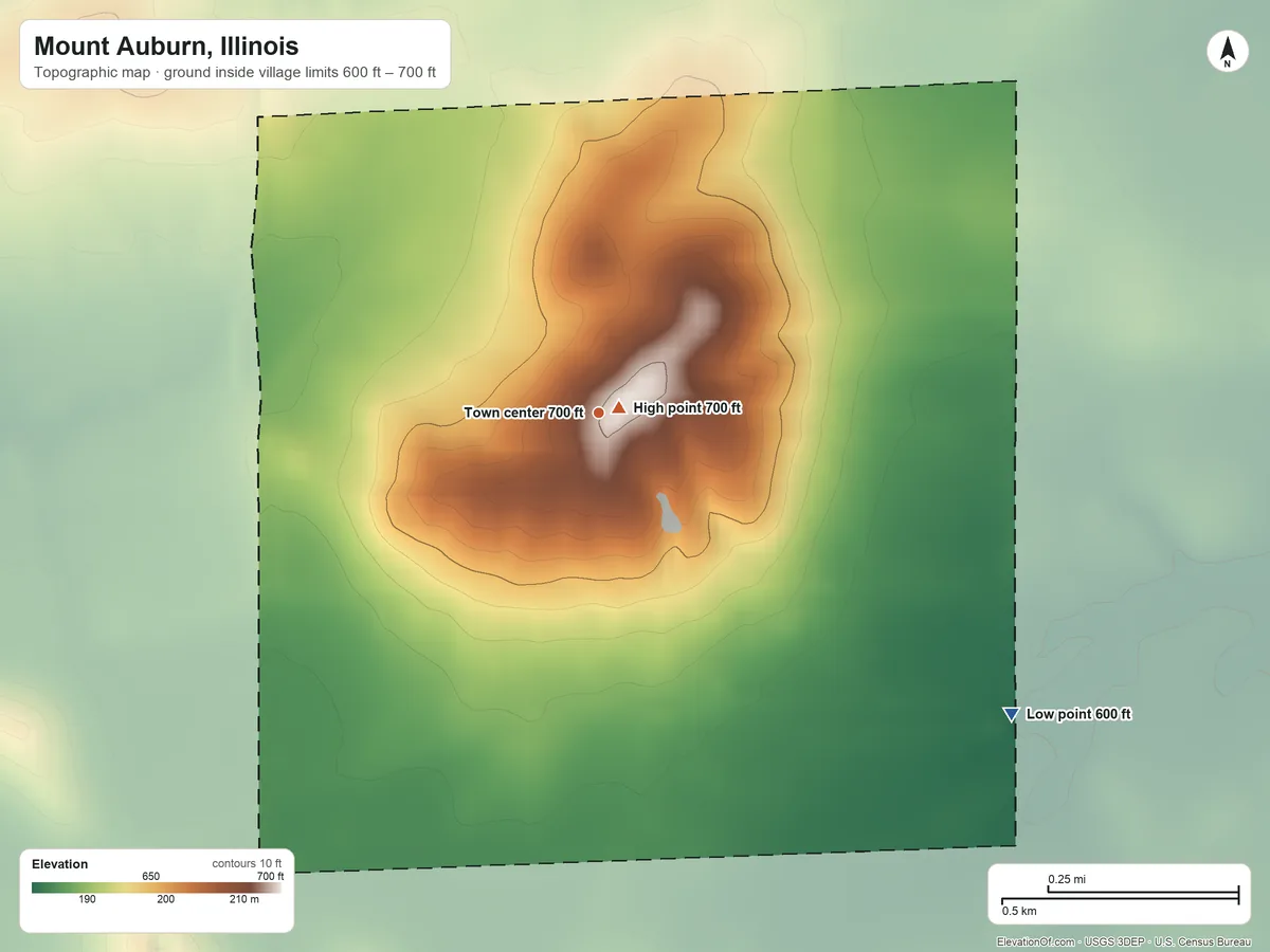 Topographic elevation map of Mount Auburn, Illinois, shaded from 600 ft on the southeast side to 700 ft near the middle