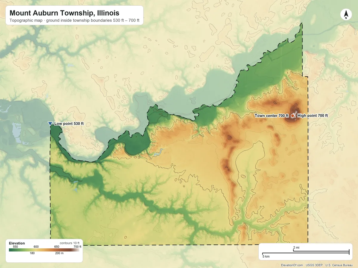 Topographic elevation map of Mount Auburn Township, Illinois, shaded from 530 ft on the west side to 700 ft near the middle