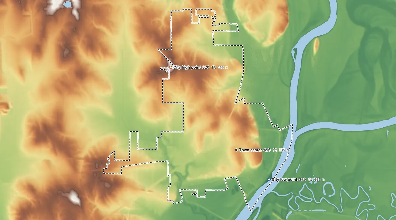 Topographic elevation map of Mount Carmel, Illinois, shaded from 370 ft on the southeast side to 520 ft on the northwest side