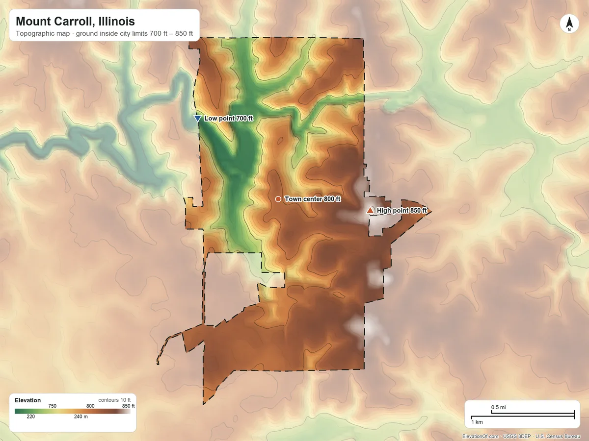 Topographic elevation map of Mount Carroll, Illinois, shaded from 700 ft on the northwest side to 850 ft on the east side