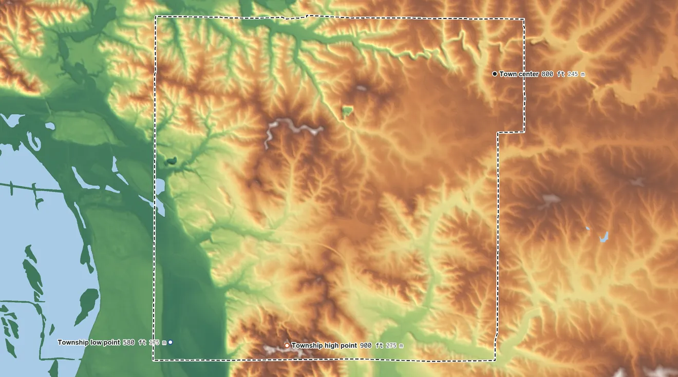 Topographic elevation map of Mount Carroll Township, Illinois, shaded from 580 ft on the southwest side to 900 ft on the southwest side