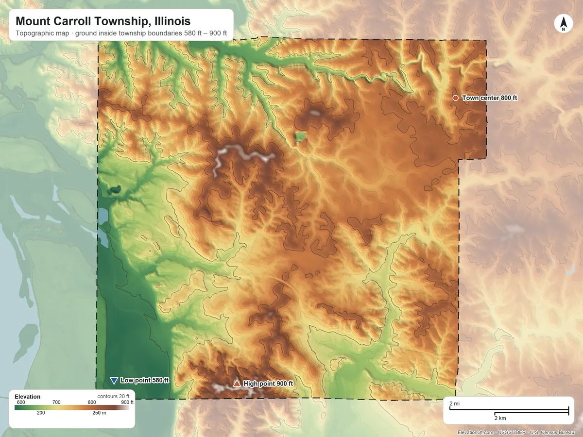 Topographic elevation map of Mount Carroll Township, Illinois, shaded from 580 ft on the southwest side to 900 ft on the southwest side