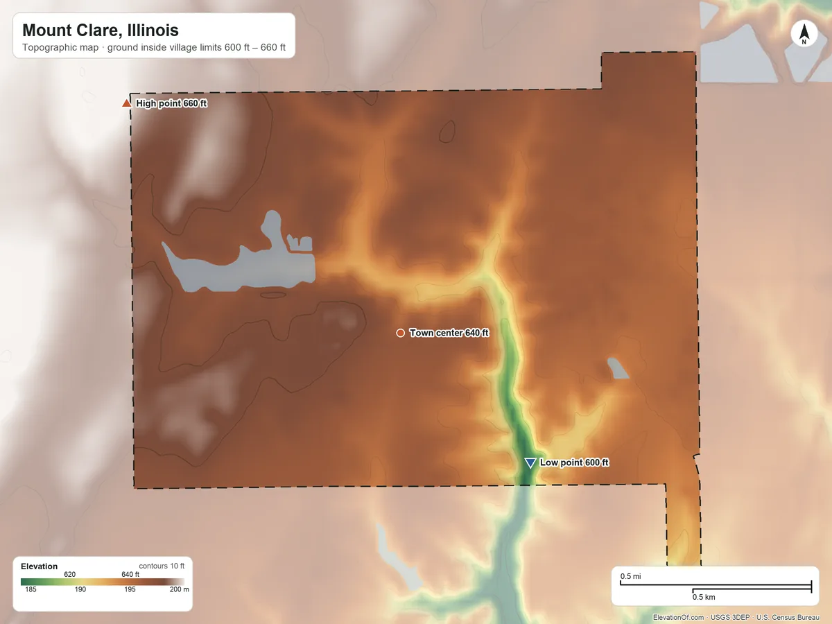 Topographic elevation map of Mount Clare, Illinois, shaded from 600 ft on the southeast side to 660 ft on the northwest side