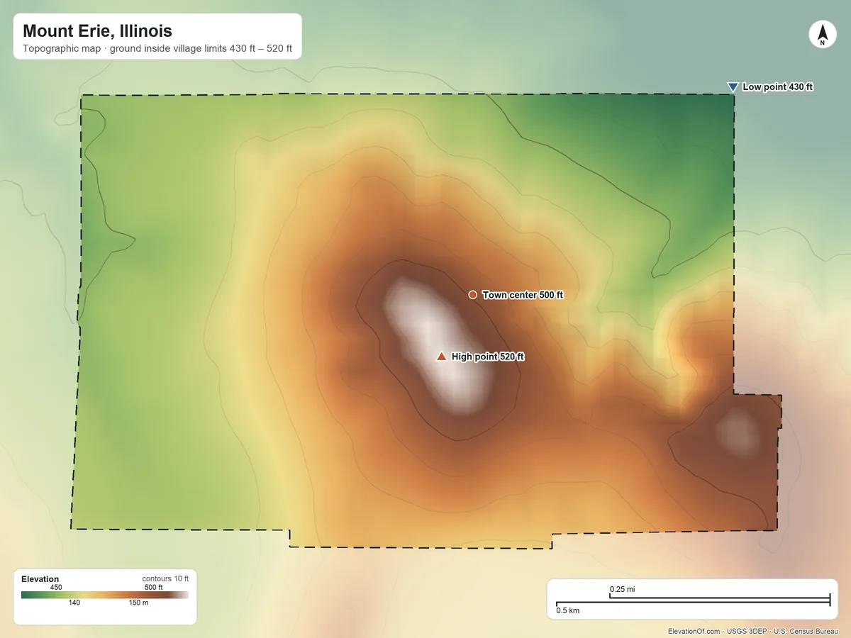 Topographic elevation map of Mount Erie, Illinois, shaded from 430 ft on the northeast side to 520 ft near the middle