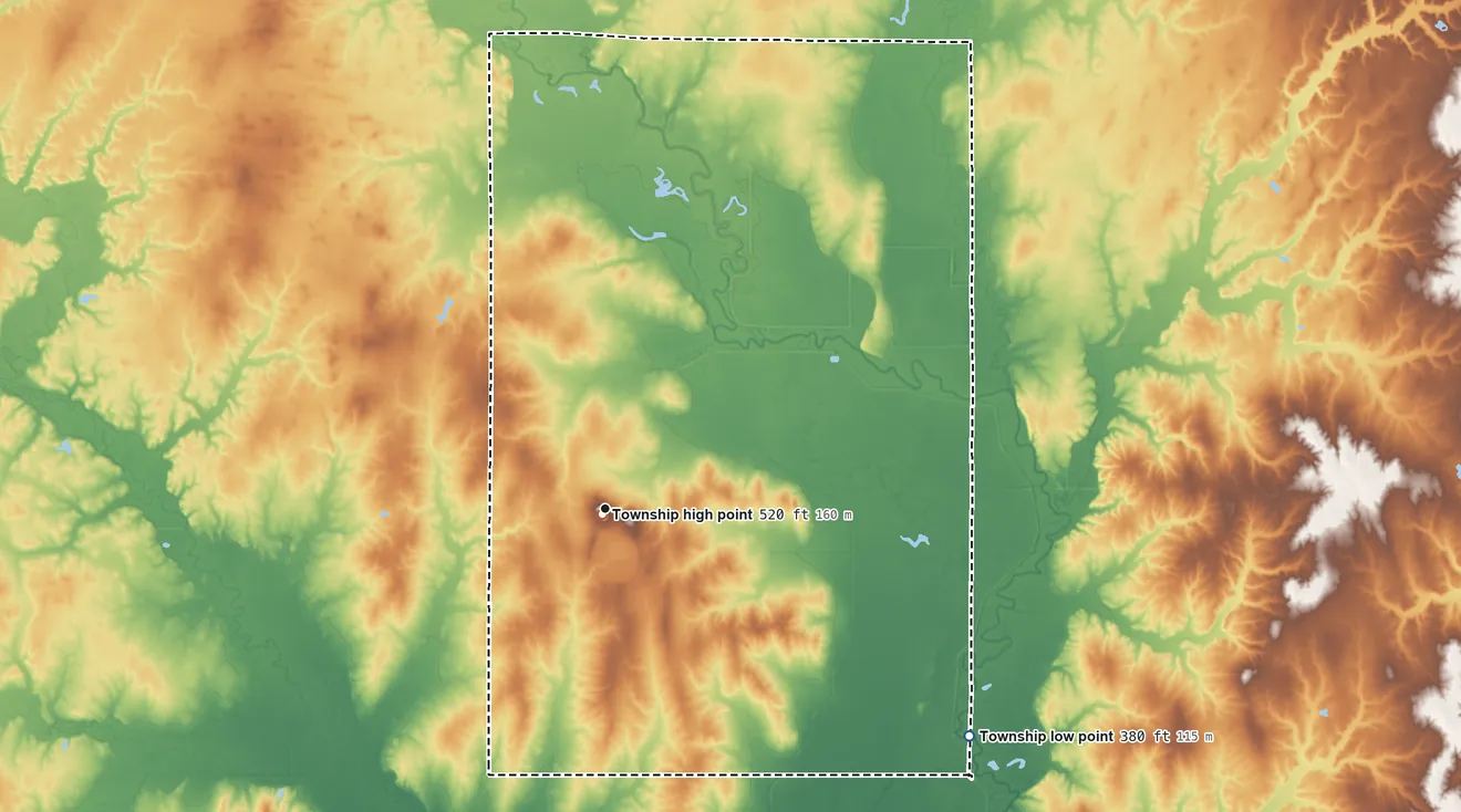 Topographic elevation map of Mount Erie Township, Illinois, shaded from 380 ft on the southeast side to 520 ft near the middle