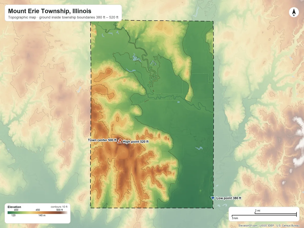 Topographic elevation map of Mount Erie Township, Illinois, shaded from 380 ft on the southeast side to 520 ft near the middle