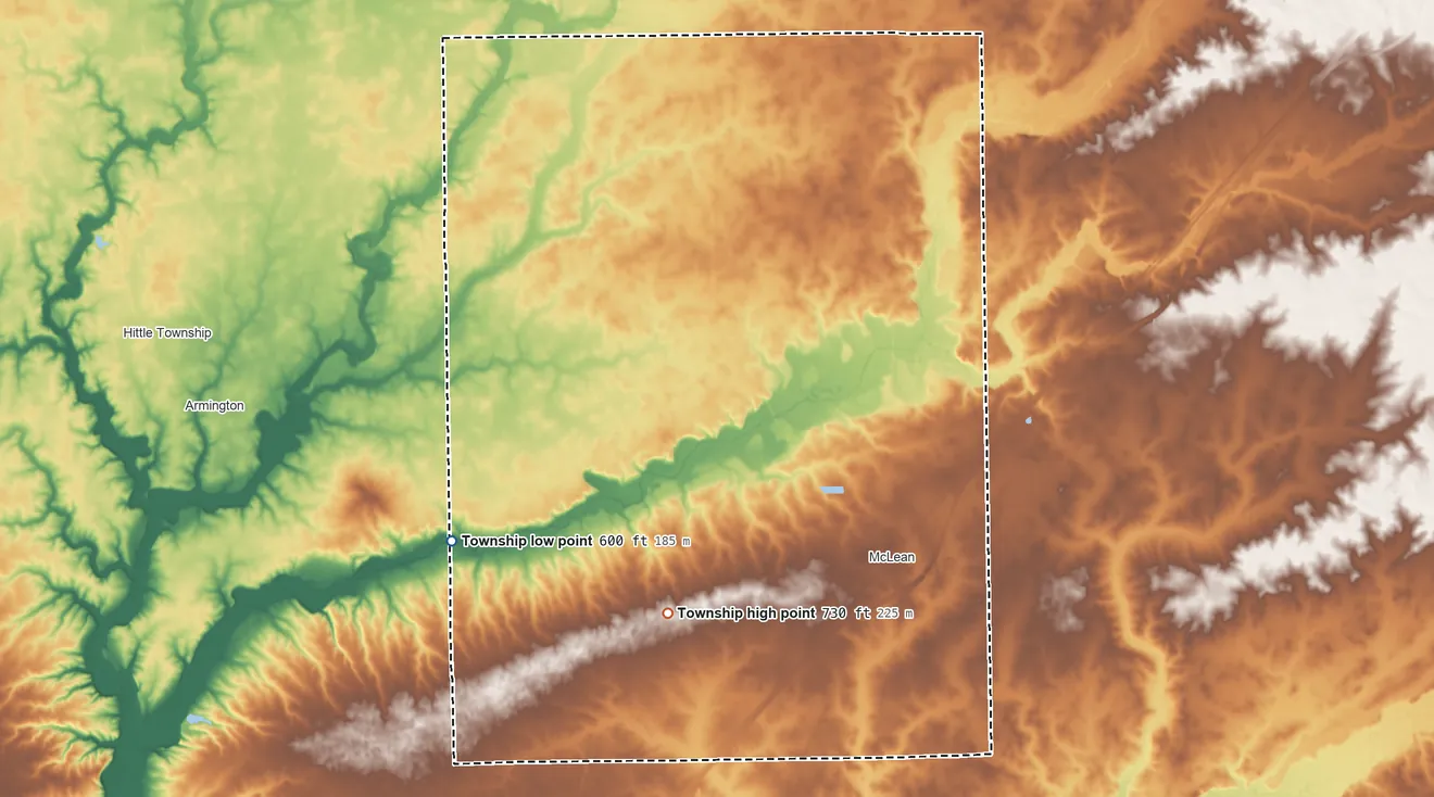Topographic elevation map of Mount Hope Township, Illinois, shaded from 600 ft on the west side to 730 ft on the southwest side