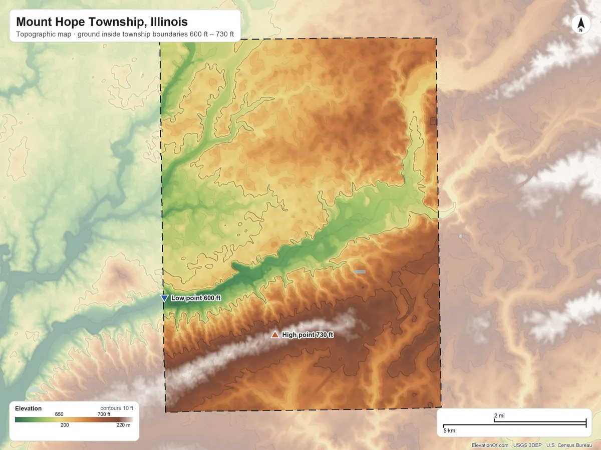 Topographic elevation map of Mount Hope Township, Illinois, shaded from 600 ft on the west side to 730 ft on the southwest side