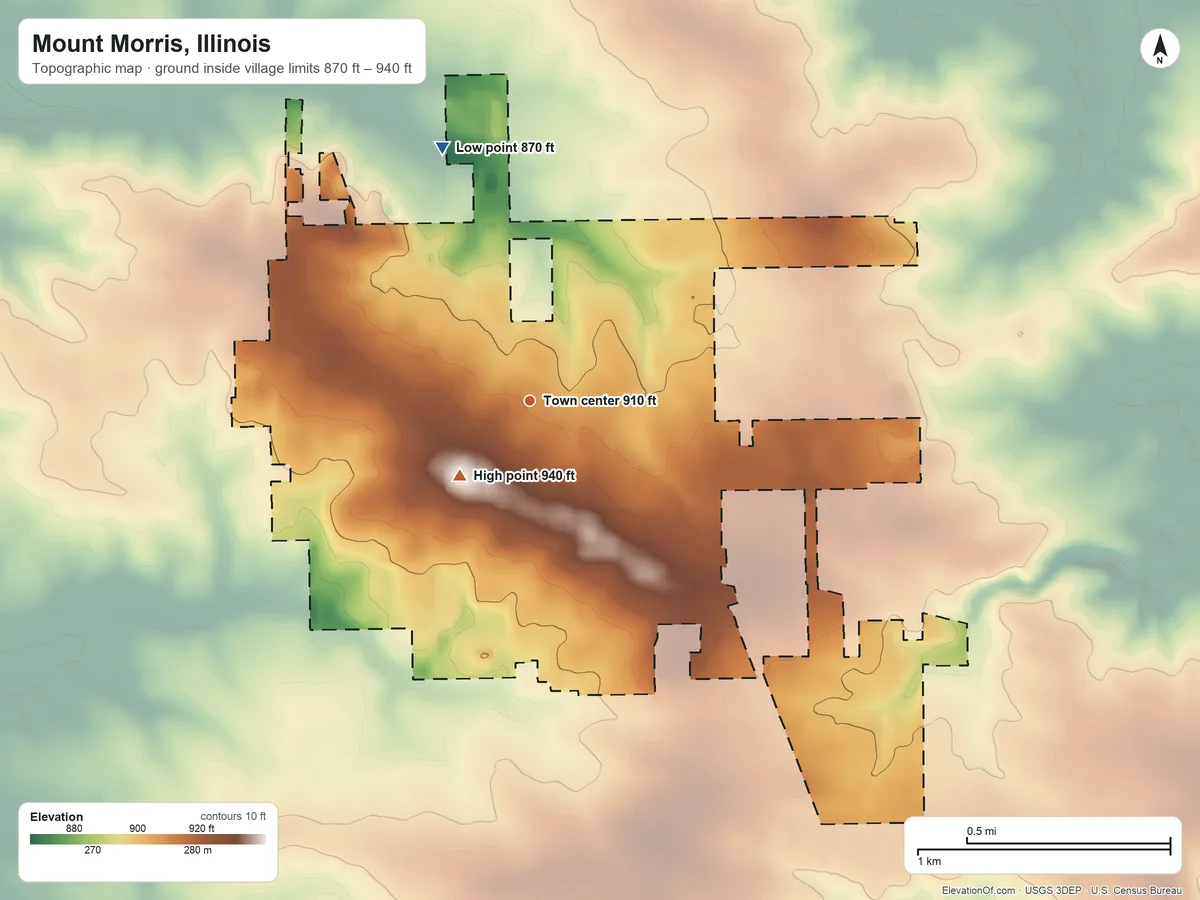 Topographic elevation map of Mount Morris, Illinois, shaded from 870 ft on the north side to 940 ft near the middle