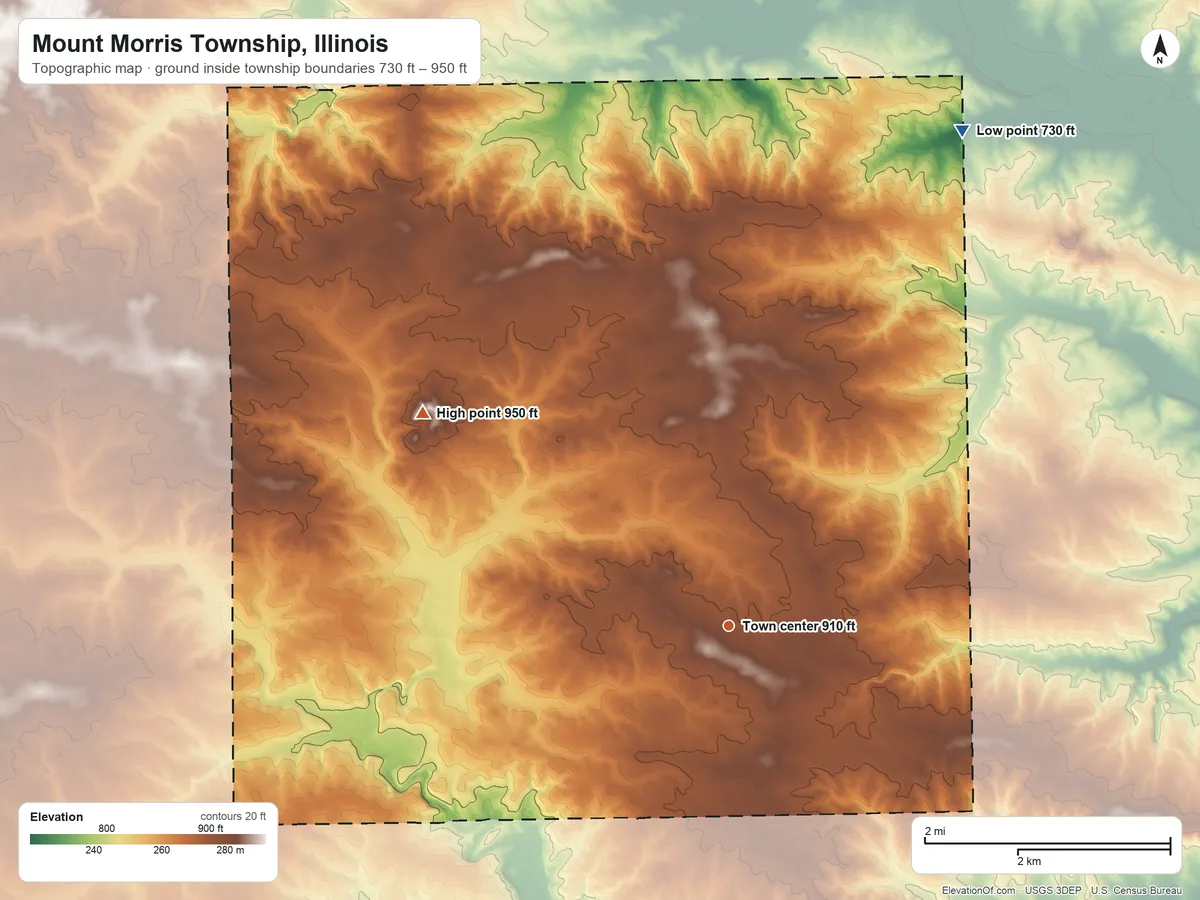 Topographic elevation map of Mount Morris Township, Illinois, shaded from 730 ft on the northeast side to 950 ft on the northwest side