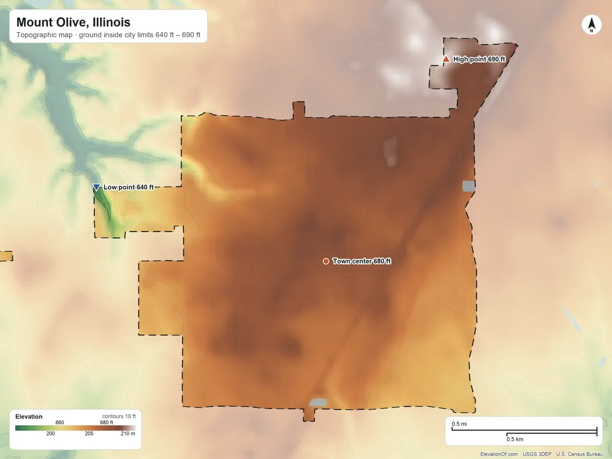 Topographic elevation map of Mount Olive, Illinois, shaded from 640 ft on the west side to 690 ft on the northeast side
