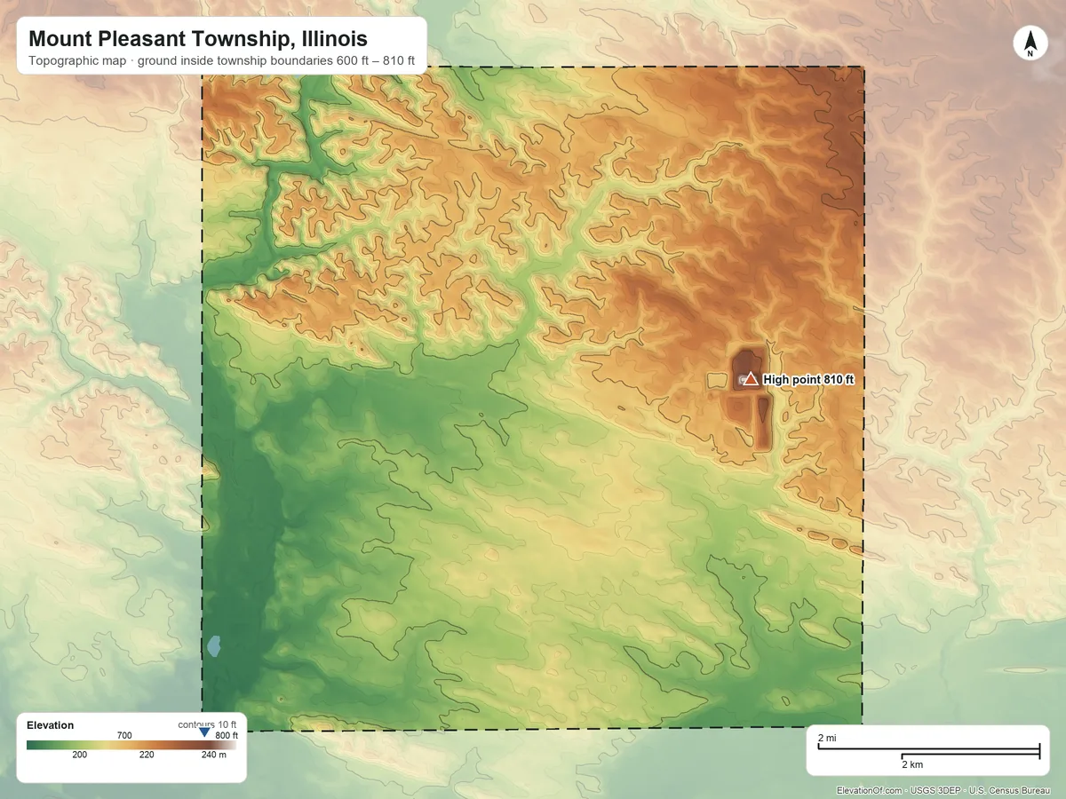 Topographic elevation map of Mount Pleasant Township, Illinois, shaded from 600 ft on the south side to 810 ft on the east side