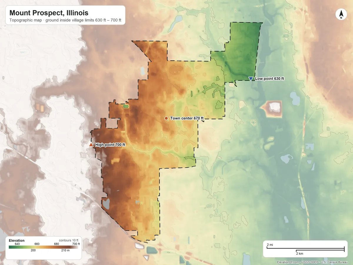 Topographic elevation map of Mount Prospect, Illinois, shaded from 630 ft on the northeast side to 700 ft on the west side