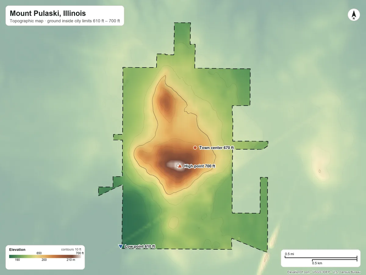 Topographic elevation map of Mount Pulaski, Illinois, shaded from 610 ft on the southwest side to 700 ft near the middle