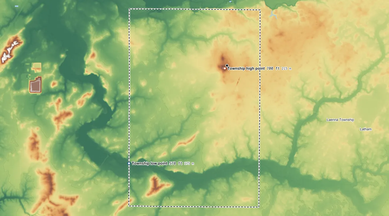 Topographic elevation map of Mount Pulaski Township, Illinois, shaded from 570 ft on the southwest side to 700 ft near the middle
