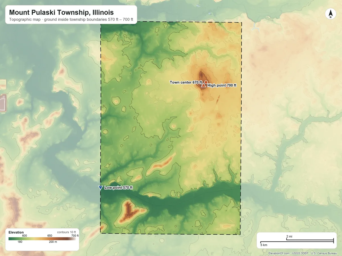 Topographic elevation map of Mount Pulaski Township, Illinois, shaded from 570 ft on the southwest side to 700 ft near the middle