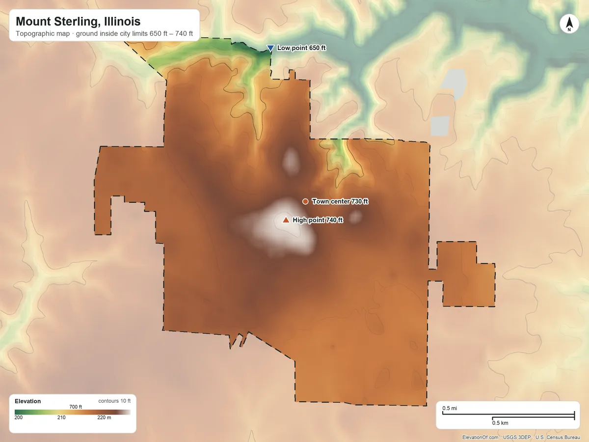Topographic elevation map of Mount Sterling, Illinois, shaded from 650 ft on the north side to 740 ft near the middle