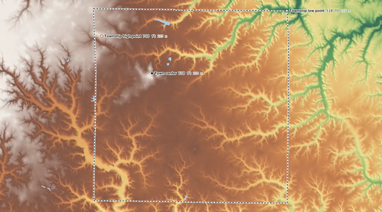 Topographic elevation map of Mount Sterling Township, Illinois, shaded from 510 ft on the northeast side to 740 ft on the northwest side
