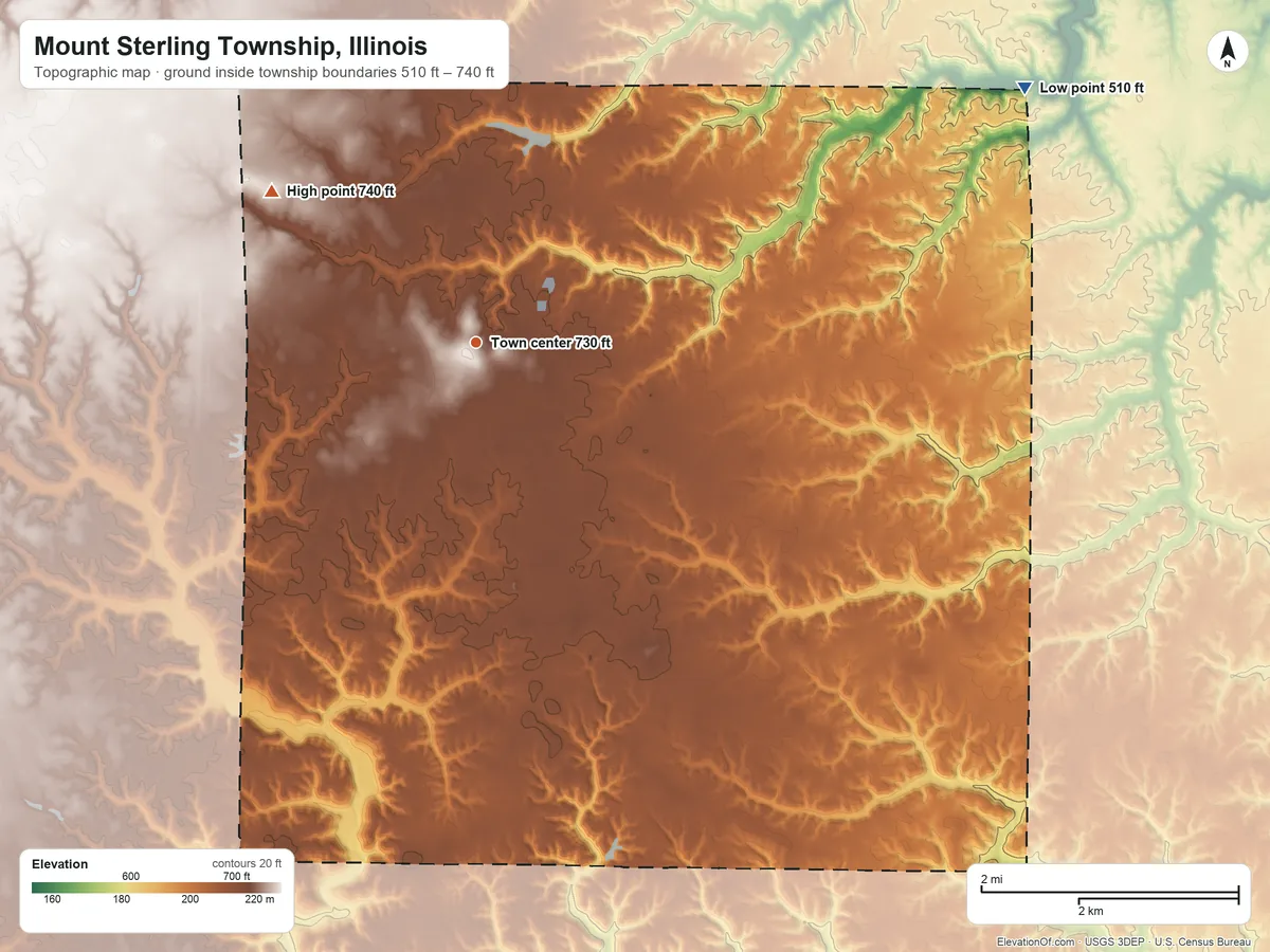 Topographic elevation map of Mount Sterling Township, Illinois, shaded from 510 ft on the northeast side to 740 ft on the northwest side