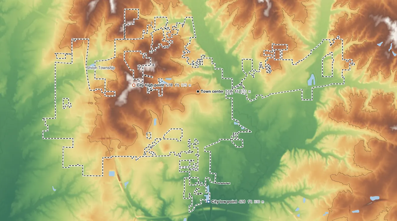 Topographic elevation map of Mount Vernon, Illinois, shaded from 420 ft on the south side to 570 ft on the west side