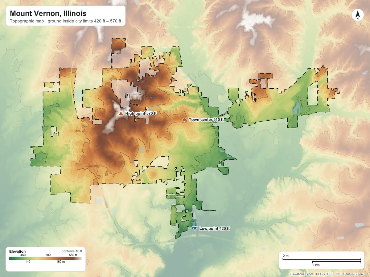 Topographic elevation map of Mount Vernon, Illinois, shaded from 420 ft on the south side to 570 ft on the west side