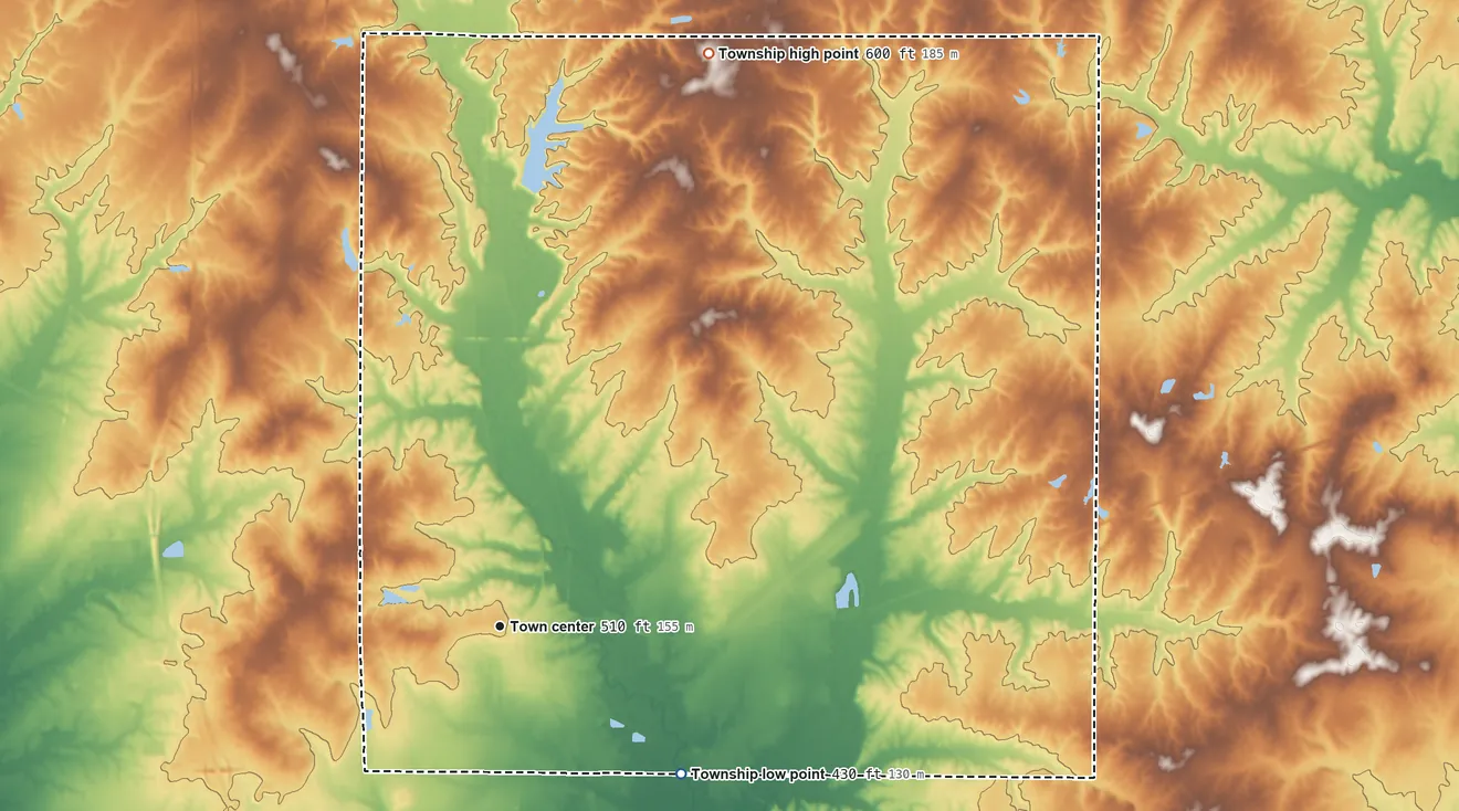 Topographic elevation map of Mount Vernon Township, Illinois, shaded from 430 ft on the southeast side to 600 ft on the north side