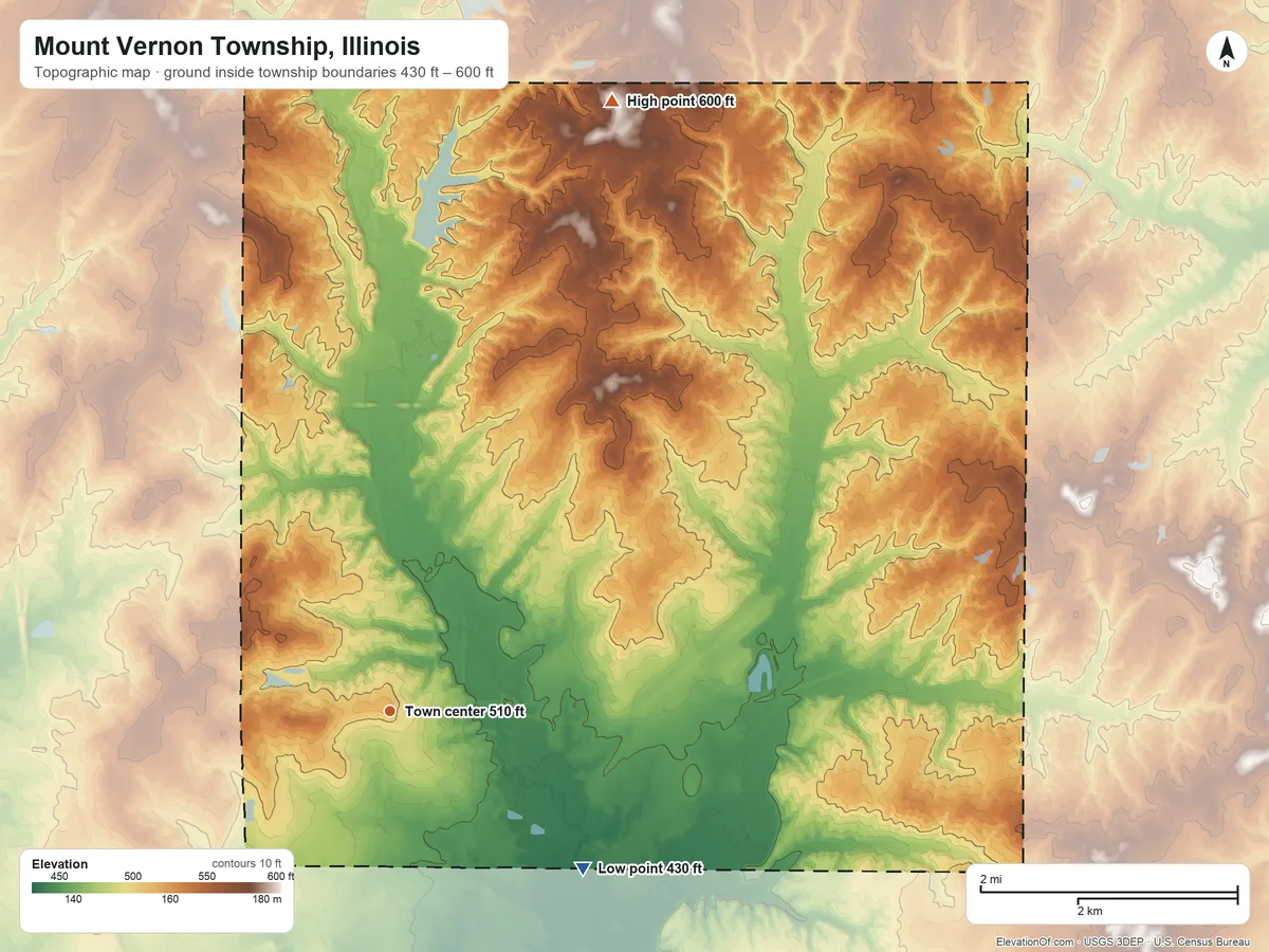 Topographic elevation map of Mount Vernon Township, Illinois, shaded from 430 ft on the southeast side to 600 ft on the north side