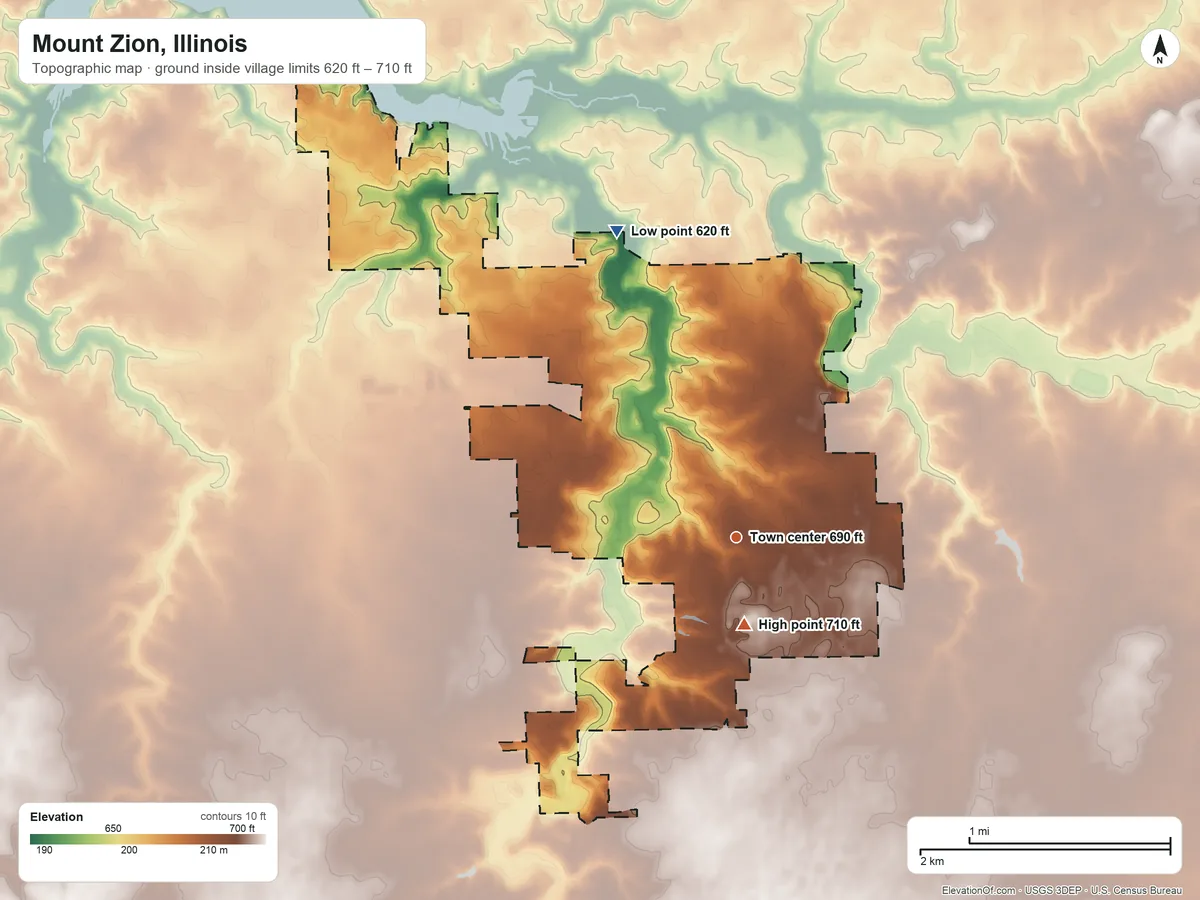 Topographic elevation map of Mount Zion, Illinois, shaded from 620 ft on the north side to 710 ft near the middle