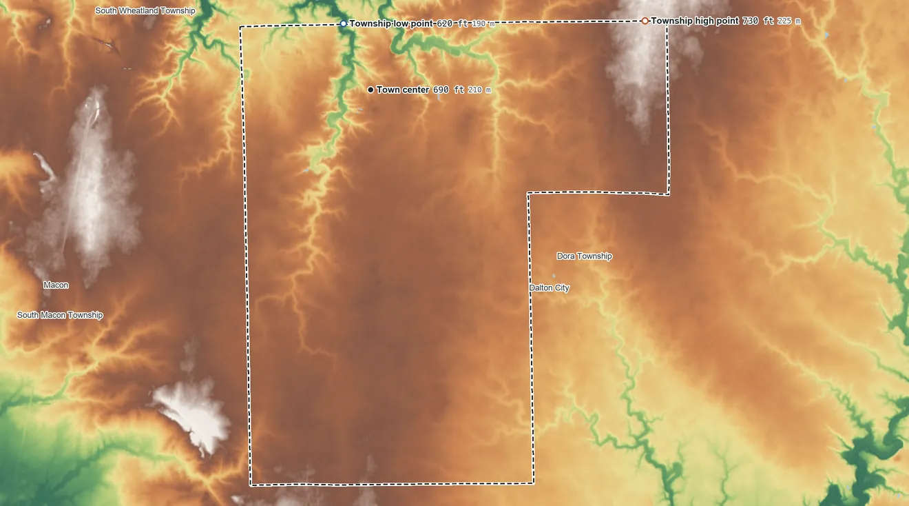 Topographic elevation map of Mount Zion Township, Illinois, shaded from 620 ft on the north side to 730 ft on the east side