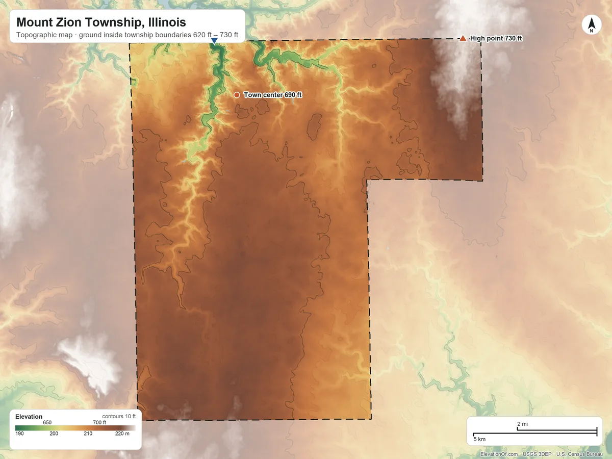 Topographic elevation map of Mount Zion Township, Illinois, shaded from 620 ft on the north side to 730 ft on the east side