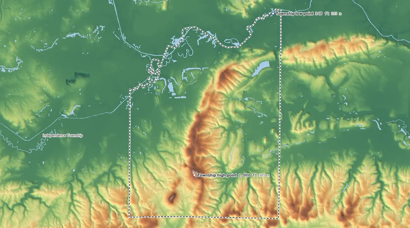 Topographic elevation map of Mountain Township, Illinois, shaded from 340 ft on the northeast side to 1,000 ft on Horton Hill