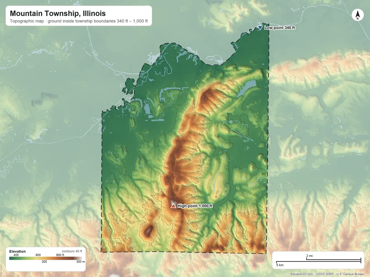 Topographic elevation map of Mountain Township, Illinois, shaded from 340 ft on the northeast side to 1,000 ft on Horton Hill