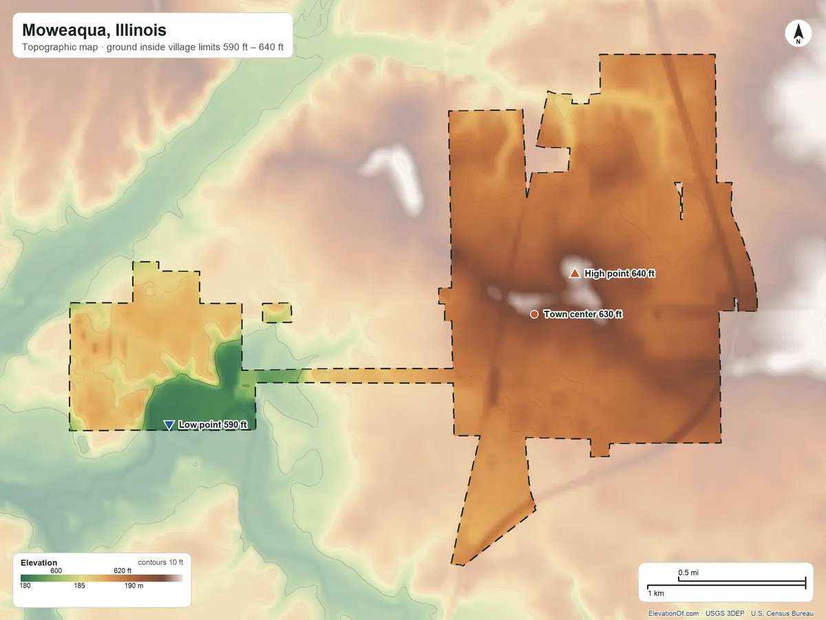 Topographic elevation map of Moweaqua, Illinois, shaded from 590 ft on the west side to 640 ft near the middle