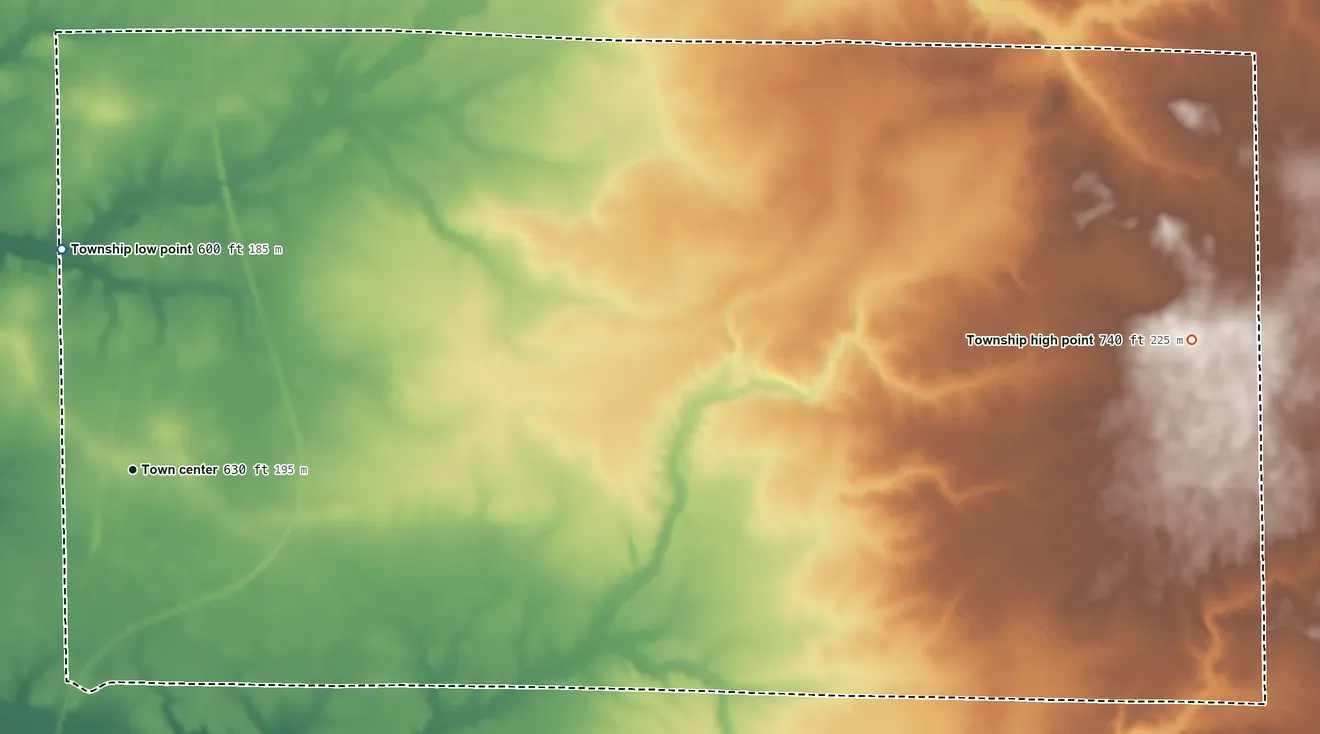 Topographic elevation map of Moweaqua Township, Illinois, shaded from 600 ft on the north side to 740 ft on the east side