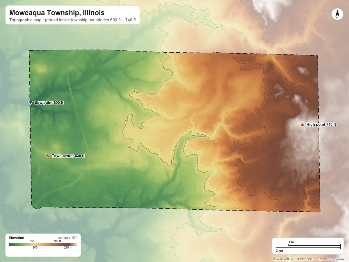 Topographic elevation map of Moweaqua Township, Illinois, shaded from 600 ft on the north side to 740 ft on the east side