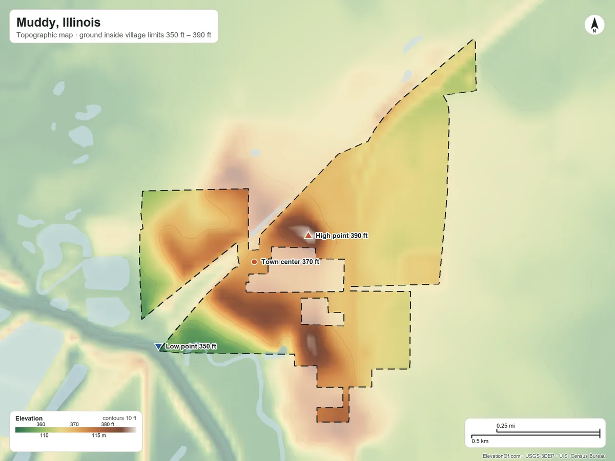 Topographic elevation map of Muddy, Illinois, shaded from 350 ft on the southwest side to 390 ft on the northeast side