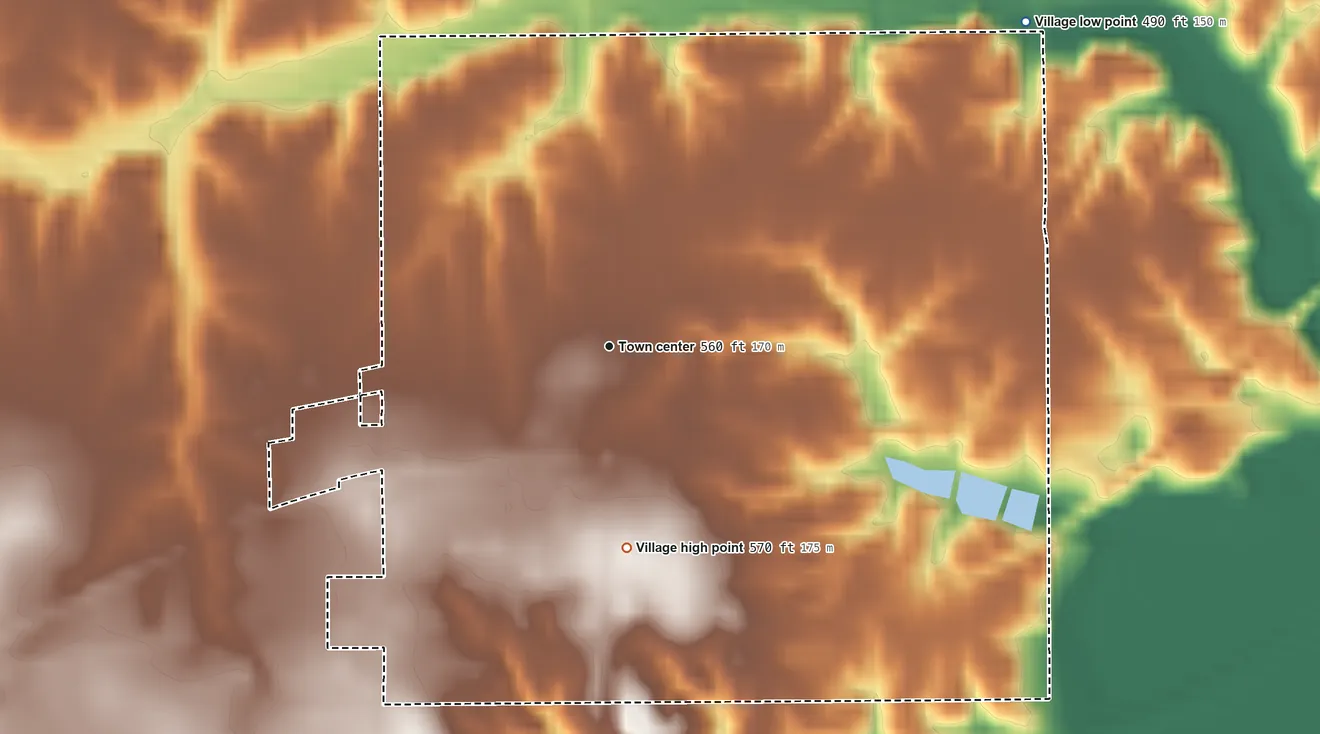 Topographic elevation map of Mulberry Grove, Illinois, shaded from 490 ft on the northeast side to 570 ft on the south side