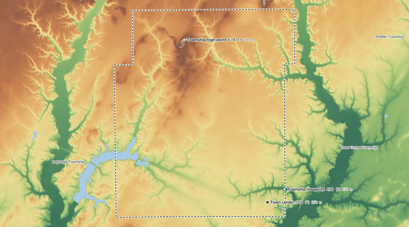 Topographic elevation map of Mulberry Grove Township, Illinois, shaded from 490 ft near the middle to 670 ft on the northwest side